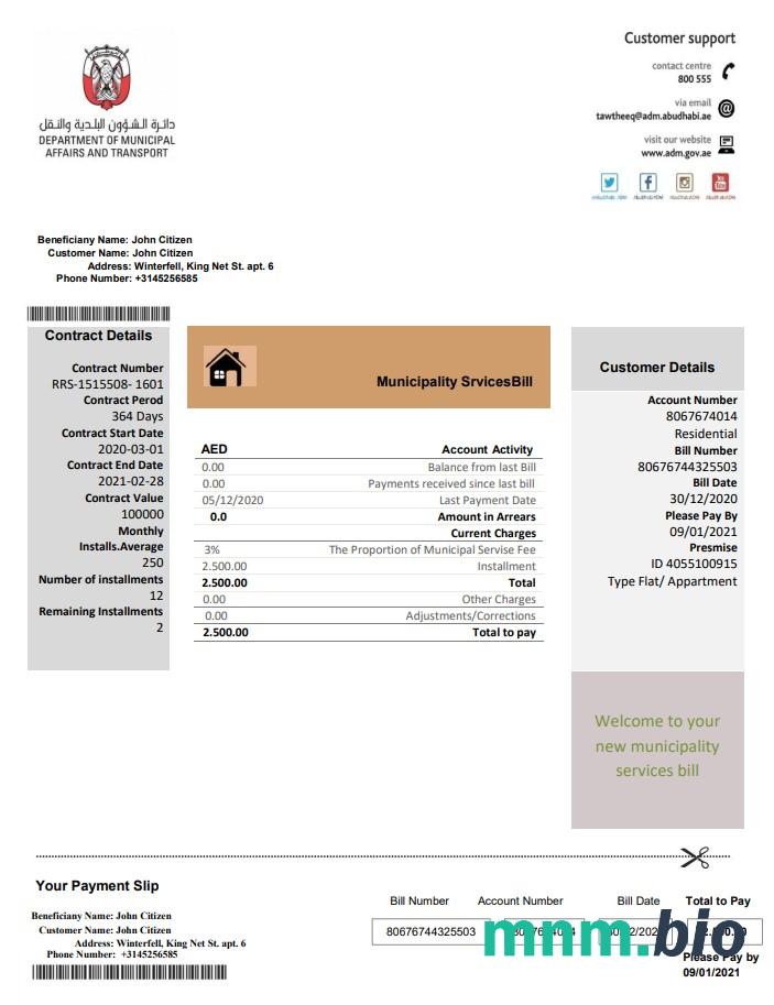 Zjednoczone Emiraty Arabskie Abu Dhabi Municipality Service rachunek za media szablon w formacie Word i PDF